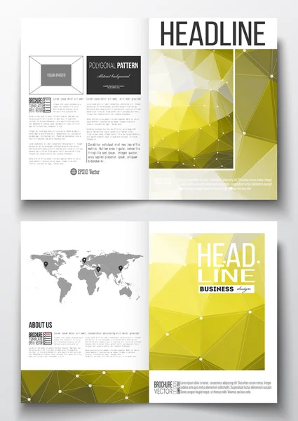 Set of business templates for brochure, magazine, flyer, booklet or annual report. Molecular construction with connected lines and dots, scientific pattern on abstract yellow polygonal background — Stock Vector