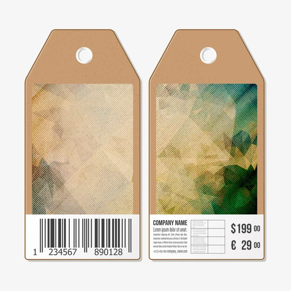 Conception d'étiquettes vectorielles des deux côtés, étiquettes de vente en carton avec code à barres. Fond polygonal abstrait en bois — Image vectorielle