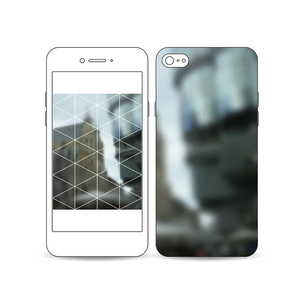 Mobiles Smartphone mit einem Beispiel des Bildschirms und Cover-Designs isoliert auf weißem Hintergrund. polygonaler Hintergrund, verschwommenes Bild, städtische Landschaft, moderne, stilvolle dreieckige Vektortextur — Stockvektor