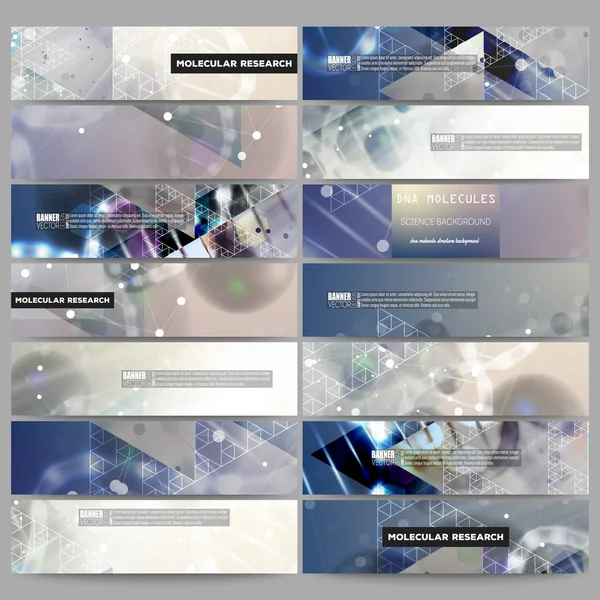 Ensemble de bannières vectorielles modernes. Structure des molécules d'ADN sur fond bleu foncé . — Image vectorielle