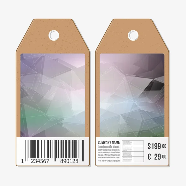 Vector tags design on both sides, cardboard sale labels with barcode. Polygonal design, geometric triangular backgrounds — 스톡 벡터