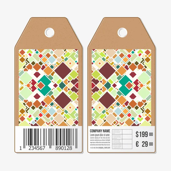 Tags design on both sides, cardboard sale labels with barcode. Material Design. Colored vector background — Stock Vector