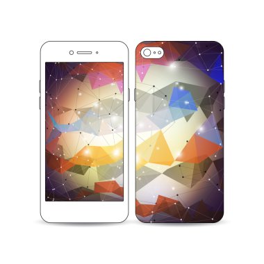 Ekran ve kapak tasarımı bir örnek ile Mobil akıllı telefon beyaz izole . Moleküler yapı, bilimsel desen, soyut renkli poligonal arka plan, modern şık üçgen vektör 