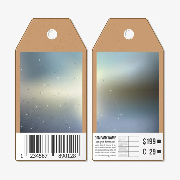 Tags design des deux côtés, étiquettes de vente en carton avec code à barres. Fond flou. Illustration vectorielle abstrait — Image vectorielle