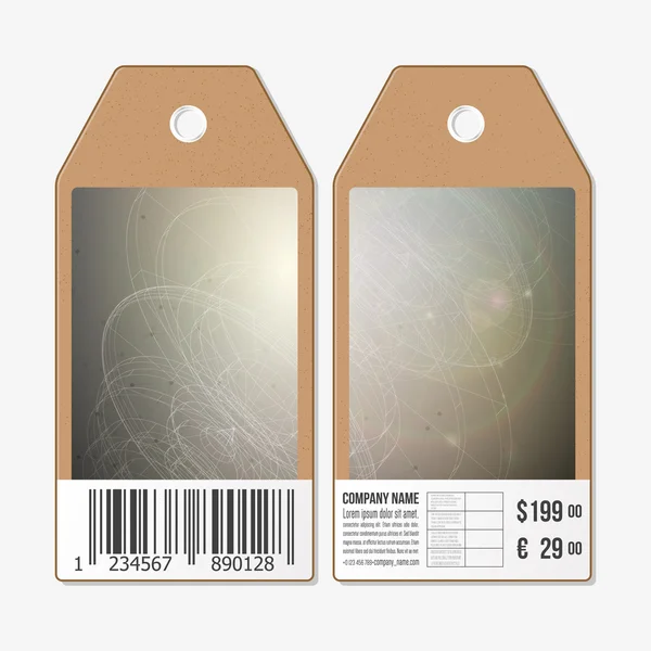 Tags design des deux côtés, étiquettes de vente en carton avec code à barres. Résumé science vecteur arrière-plan — Image vectorielle