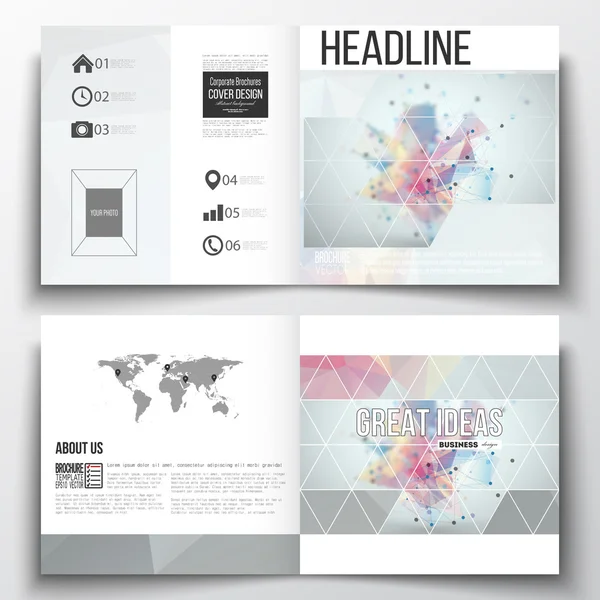 Kare tasarım broşür şablonu kümesi. Moleküler inşaat bağlı çizgiler ve noktalar, arka renkli poligonal plan, modern üçgen vektör doku üzerinde bilimsel desen