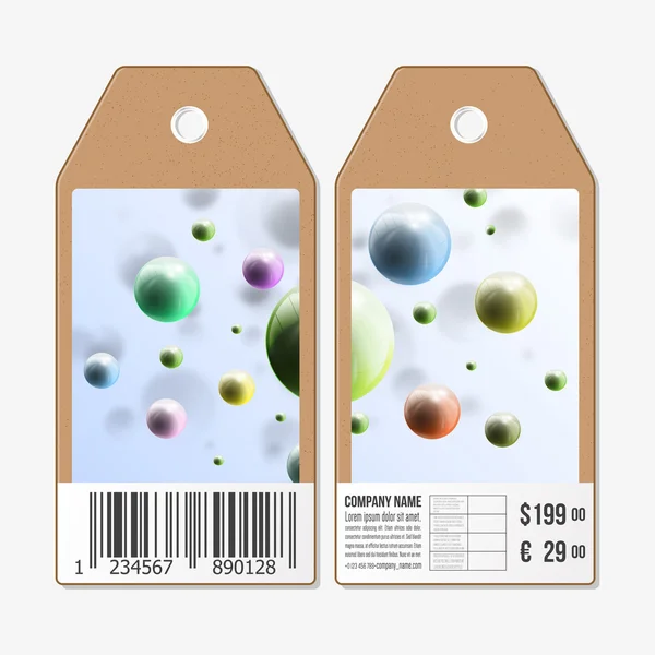 Vektor-Tags Design auf beiden Seiten, Karton-Verkaufsetiketten mit Barcode. dreidimensional leuchtende Kugeln, grauer Hintergrund — Stockvektor