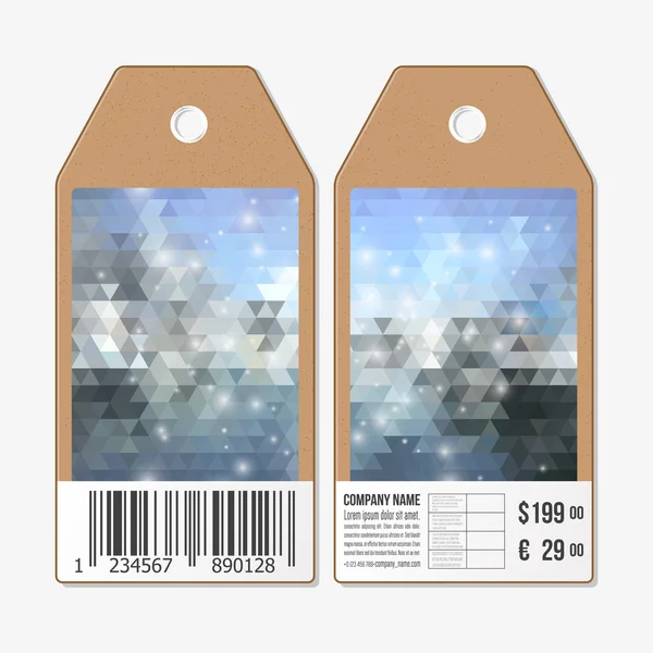 Diseño de etiquetas vectoriales en ambos lados, etiquetas de venta de cartón con código de barras. Diseño poligonal, fondos triangulares geométricos coloridos — Vector de stock