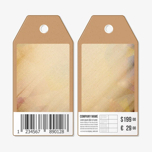 Vector tags design on both sides, cardboard sale labels with barcode. Abstract wooden polygonal background — Stock Vector