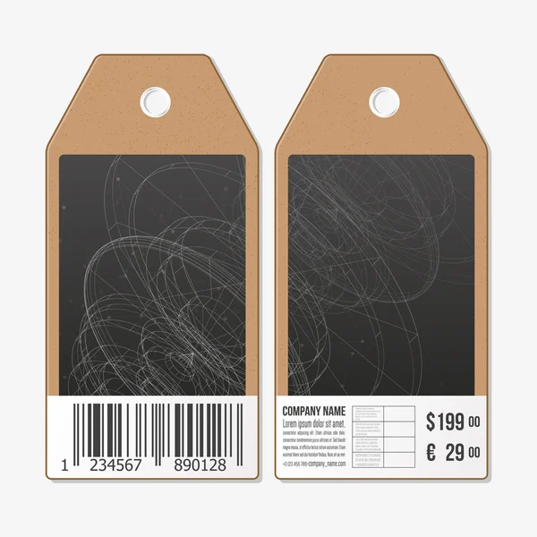 Tags design em ambos os lados, etiquetas de venda de papelão com código de barras. Antecedentes vetoriais científicos abstratos — Vetor de Stock