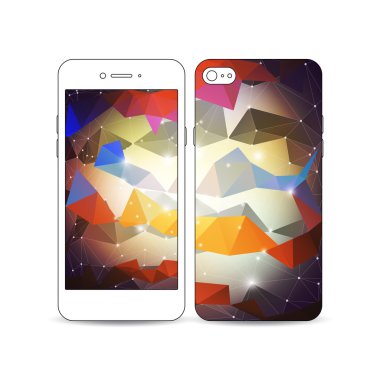 Beyaz arka plan üzerinde izole ekran ve kapak tasarımı bir örnek ile Mobil akıllı telefon. Moleküler yapı, bilimsel desen, soyut renkli poligonal arka plan, modern şık