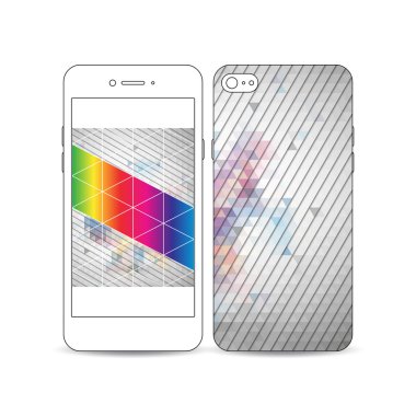 Bir örnek üzerinde beyaz izole ekran ve kapak tasarımı ile beyaz hareket eden smartphone. Renkli poligonal arka plan, modern şık üçgen vektör doku