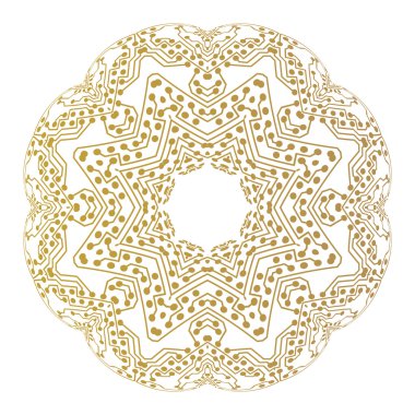 Soyut altın mikroçip desen beyaz arka plan üzerinde izole, nokta ve çizgiler, bağlantı yapısı bağlayan mandala şablonu. Dijital bilimsel vektör