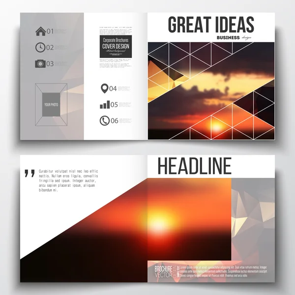 Set of annual report business templates for brochure, magazine, flyer or booklet. Colorful polygonal backdrop, blurred natural background, amazing summer sunset view, modern stylish triangle vector — Stock Vector