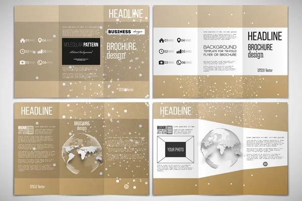 Set van Tri-Fold brochure ontwerpsjabloon aan beide zijden met World Globe element. Abstracte veelhoekige laag poly achtergrond, het verbinden van stippen en lijnen, gouden achtergrond, verbindingsstructuur. Digitale of — Stockvector