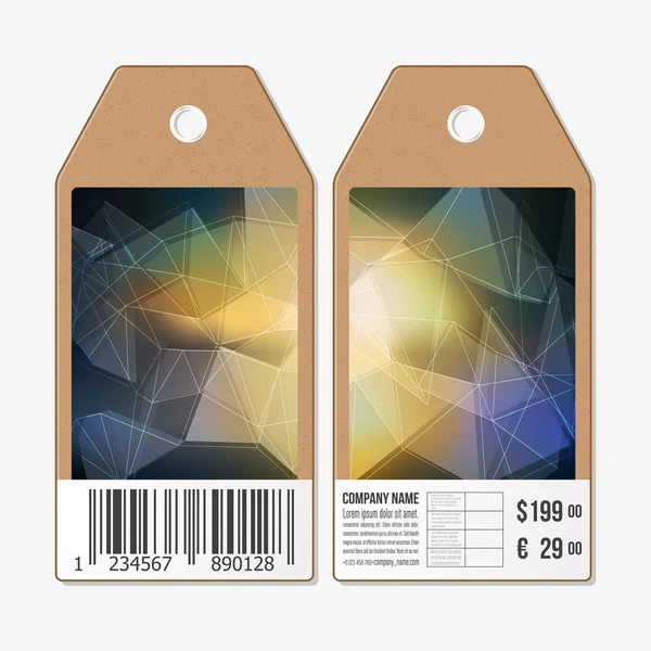 Conception d'étiquettes vectorielles des deux côtés, étiquettes de vente en carton avec code à barres. Fond triangulaire géométrique polygonal — Image vectorielle