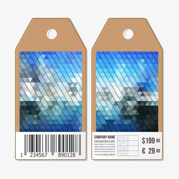 Векторные метки дизайн с обеих сторон, картонные этикетки продажи со штрих-кодом. Многоугольный красочный геометрический треугольный фон — стоковый вектор