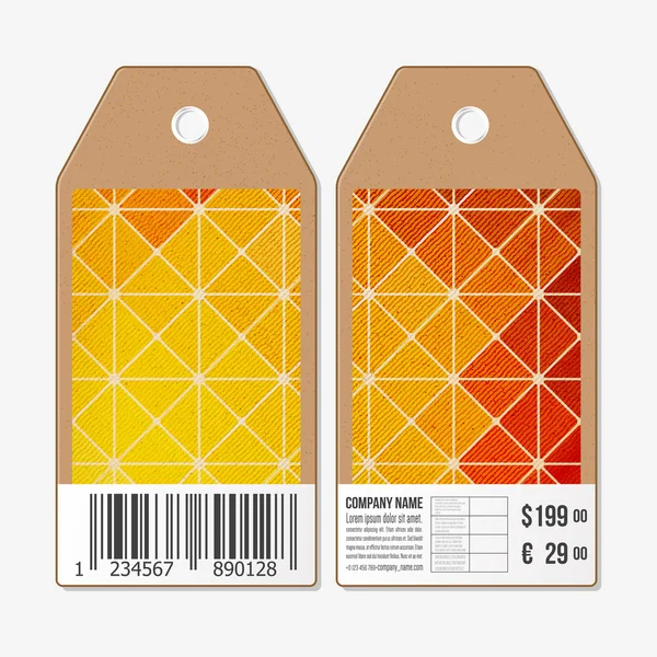 Design de etiquetas de vetor em ambos os lados, etiquetas de venda de papelão com código de barras. Fundos triangulares geométricos coloridos poligonais — Vetor de Stock