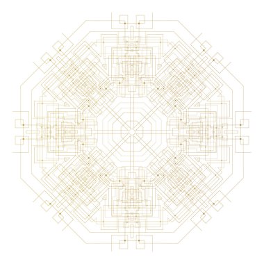 Beyaz arka plan üzerinde izole soyut yuvarlak teknoloji deseni, bağlantı çizgileri ve noktaları ile altın mandala şablonu, bağlantı yapısı. Dijital bilimsel vektör