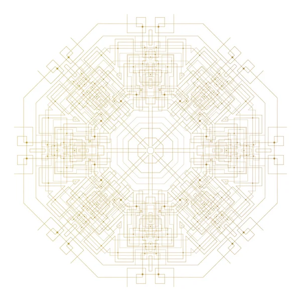 Padrão de tecnologia redonda abstrata isolado em fundo branco, modelo de mandala dourada com linhas de conexão e pontos, estrutura de conexão. Vetor científico digital —  Vetores de Stock