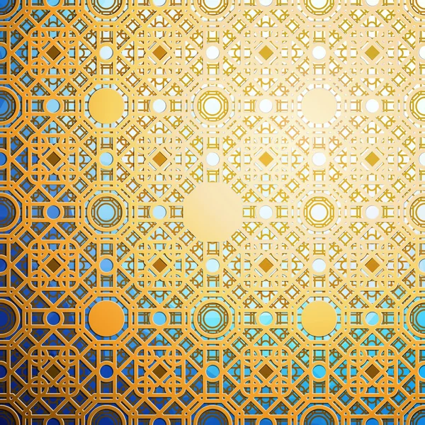 Modello islamico in oro con sovrapposizione di forme geometriche quadrate che formano ornamento astratto. Vettore elegante texture dorata su sfondo nero — Vettoriale Stock