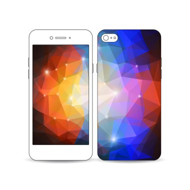 Ekran ve kapak tasarımı örneğiyle birlikte beyaz cep telefonu. Soyut renkli çokgen, modern stil üçgen vektör dokusu