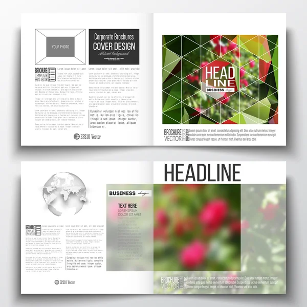 Set van jaarlijkse verslag zakelijke sjablonen voor brochure, tijdschrift, flyer of brochure. Kleurrijke veelhoekige florale achtergrond beeld wazig, rode bloemen op groen, moderne driehoekige textuur — Stockvector