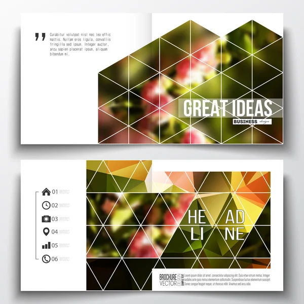 Set van jaarverslag business templates voor brochure, tijdschrift, flyer of boekje. Kleurrijke veelhoekige florale achtergrond, wazig beeld, roze bloemen op groene, moderne driehoekige textuur — Stockvector