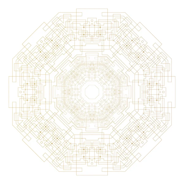 Padrão de tecnologia redonda abstrata isolado em fundo branco, modelo de mandala dourada com linhas de conexão e pontos, estrutura de conexão. Vetor científico digital —  Vetores de Stock