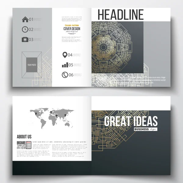 Het aantal vierkante ontwerpsjabloon brochure. Ronde gouden technologie patroon op donkere achtergrond, mandala met aansluitende lijnen, stippen en structuur van de verbinding. Digitale wetenschappelijke vector — Stockvector