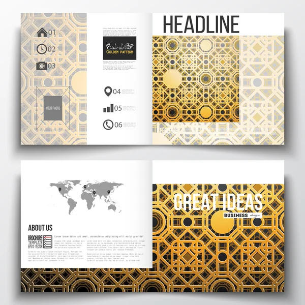 Het aantal vierkante ontwerpsjabloon brochure. Islamitische gouden vector textuur, geometrische patroon, abstract ornament. Mooie achtergrond met Arabische kalligrafie waardoor - Eid al Fitr - voor moslim — Stockvector