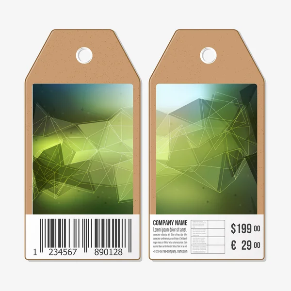 Tags design des deux côtés, étiquettes de vente en carton avec code à barres. Arrière-plans triangulaires géométriques polygonales — Image vectorielle