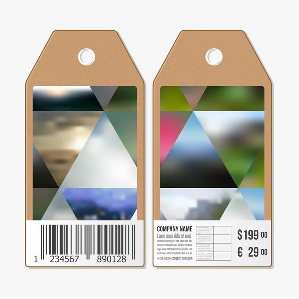 Tags design em ambos os lados, etiquetas de venda de papelão com código de barras. Abstrato fundo multicolorido, paisagens de natureza turva, vetor geométrico, ilustração estilo triangular — Vetor de Stock