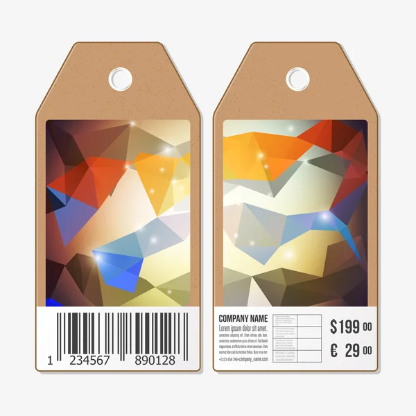 Tags design em ambos os lados, etiquetas de venda de papelão com código de barras. Fundos triangulares geométricos coloridos poligonais — Vetor de Stock