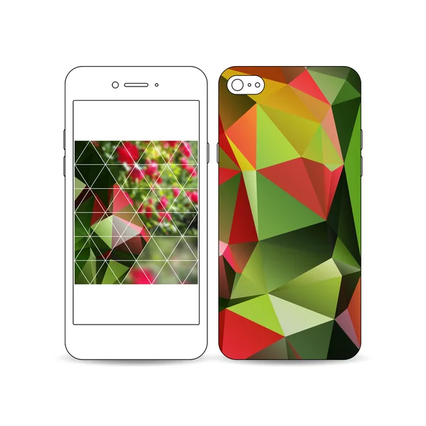 Smartphone móvil con un ejemplo de pantalla y diseño de portada aislado sobre fondo blanco. Imagen borrosa floral poligonal colorida, flores rojas, textura triangular moderna — Archivo Imágenes Vectoriales