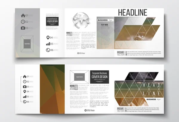 Vectorset van Tri-Fold brochures, vierkante ontwerpsjablonen. Kleurrijke veelhoekige achtergrond, wazig natuurlijke achtergrond, moderne stijlvolle driehoek textuur. — Stockvector