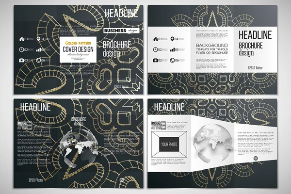 Set van Tri-Fold brochure ontwerpsjabloon aan beide zijden met World Globe element. Veelhoekige achtergrond, gouden verbindende stippen en lijnen, verbindingsstructuur. Digitale wetenschappelijke achtergrond — Stockvector