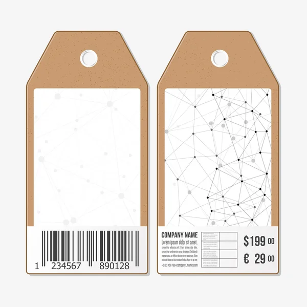 标签设计两侧，纸板销售标签与条形码。分子结构，连接向量，科学多边形背景 — 图库矢量图片