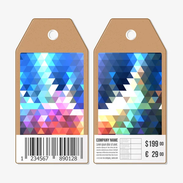 Étiquettes des deux côtés, étiquettes de vente en carton avec code à barres. Conception polygonale, milieux triangulaires géométriques colorés — Image vectorielle