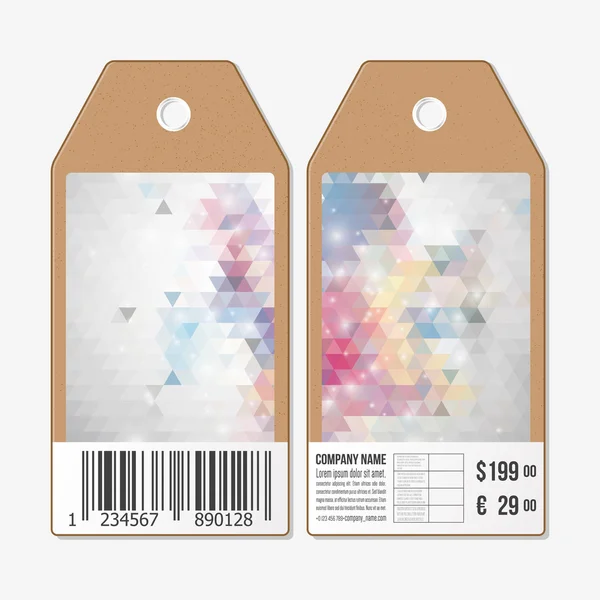 Tags em ambos os lados, etiquetas de venda de papelão com código de barras. Design poligonal, fundos triangulares geométricos coloridos — Vetor de Stock