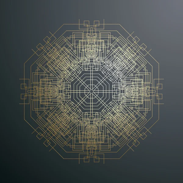 圆形黄金技术图案孤立在黑暗的背景上，曼达拉模板与连接线和点，连接结构。数字科学载体 — 图库矢量图片