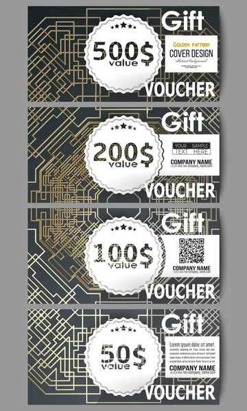 Set moderne gift voucher sjablonen. Gouden technologie patroon op donkere achtergrond met aansluitende lijnen, stippen en structuur van de verbinding. Digitale wetenschappelijke vector — Stockvector