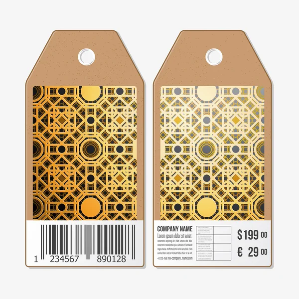Tags design em ambos os lados, etiquetas de venda de papelão com código de barras. Padrão de ouro islâmico sobrepondo formas quadradas geométricas formando ornamento abstrato. Vetor elegante textura dourada — Vetor de Stock