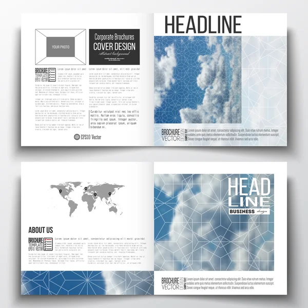 Conjunto de modelo de brochura de design quadrado. Céu azul bonito, fundo geométrico abstrato com nuvens brancas, capa de folheto, layout de negócios, ilustração vetorial —  Vetores de Stock
