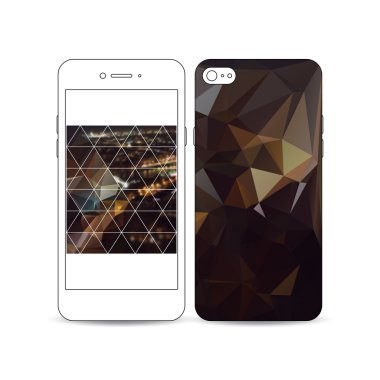 Hareket eden smartphone bir örnek üzerinde beyaz izole ekran ve kapak tasarımı ile. Karanlık poligonal arka plan, bulanık görüntü, gece şehir manzarası, Paris cityscape, modern üçgen vektör doku