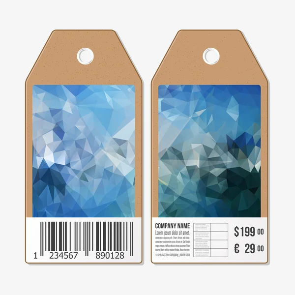 Tags em ambos os lados, etiquetas de venda de papelão com código de barras. Design poligonal, fundos triangulares geométricos coloridos — Vetor de Stock