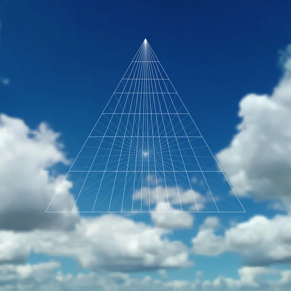 Construction pyramidale en perspective avec lignes connectées. Beau ciel bleu, fond géométrique abstrait, nuages blancs, plan d'affaires, illustration vectorielle — Image vectorielle