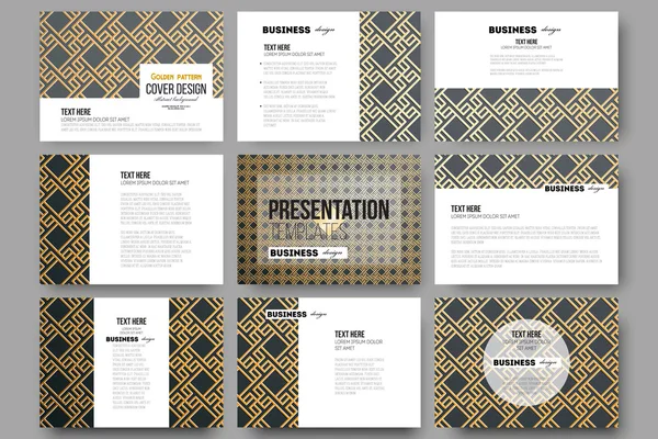 Набор из 9 шаблонов для слайдов презентации. Исламский золотой узор с перекрывающимися геометрическими квадратными фигурами, образующими абстрактный орнамент. Векторная золотая текстура на черном фоне — стоковый вектор