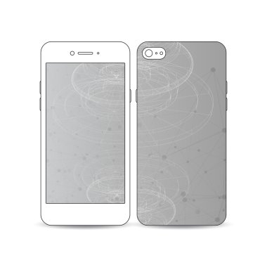 Beyaz arka plan üzerinde izole ekran ve kapak tasarımı bir örnek ile Mobil akıllı telefon. Moleküler yapı, bağlı çizgiler, nokta.