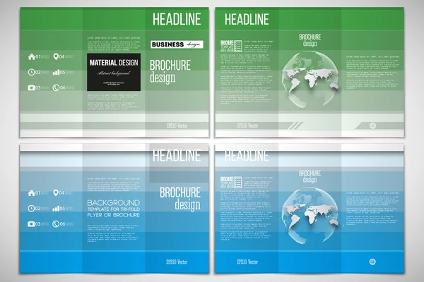 Set van Tri-Fold brochure ontwerpsjabloon aan beide zijden met World Globe element. Abstracte kleurrijke Business achtergrond, blauwe en groene kleuren, moderne stijlvolle gestreepte vector textuur — Stockvector